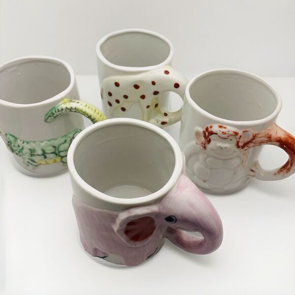 1970s Animals Childs Mugs Monkey Giraffe Elephant Alligator Porcelain Vintage - Picture 1 of 11